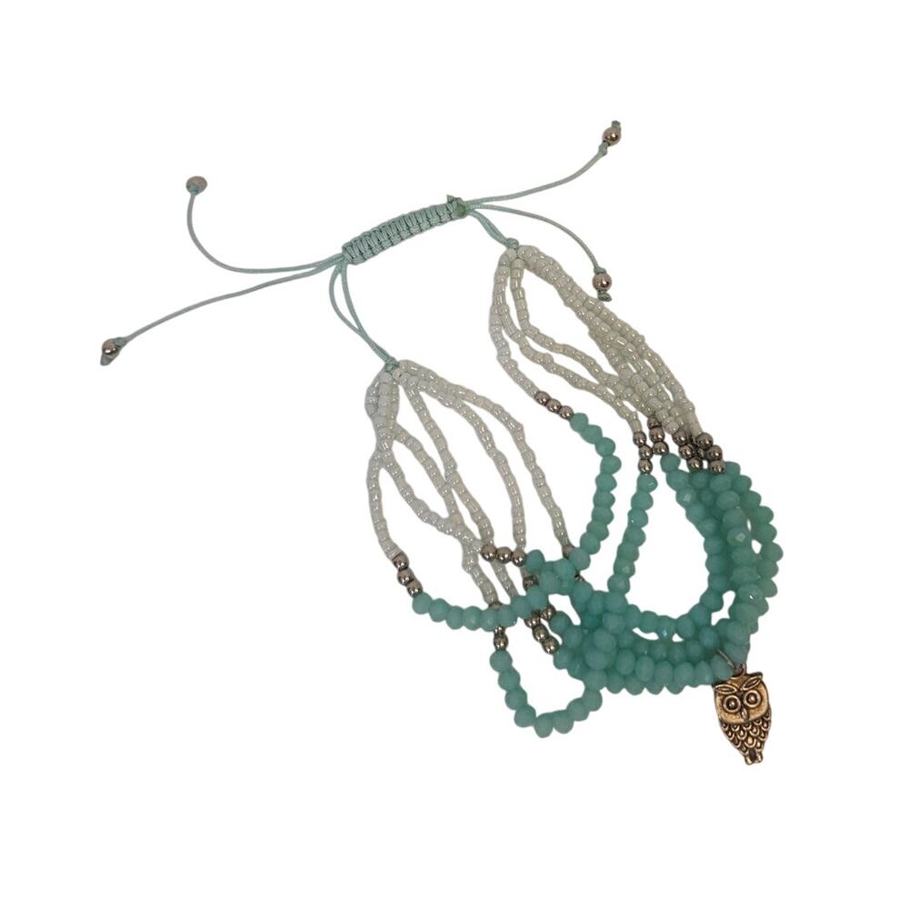 Owl Mixed Seed Crystal Beads Stacked Adjustable Bracelet Crystals Aqua Silver